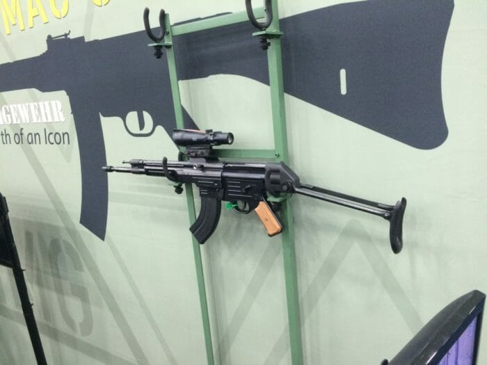 An oddball STG-N with an AK underfolder, AR-15 7.62x39mm magazine, and a Trijicon ACOG.