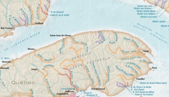The rivers in Gaspé, as shown in a segment of ASF's map of North American Atlantic salmon rivers published in 2019.