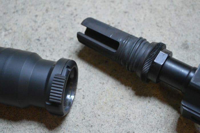 The new 90T mounts are improvements over the 51T system of old. They feature course threads allowing the silencer to be screwed onto the muzzle device. Once the silencer reaches the last portion of these threads, the locking teeth engage and the whole unit snugs against the taper that sits just behind the threads.