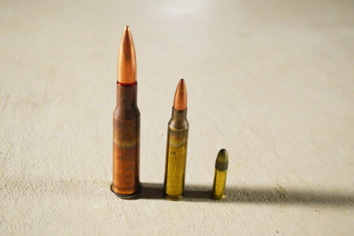 Left to right: 7.62x54mmR, 5.56x45mm, .22 LR