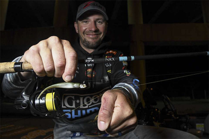 Jeff “Gussy” Gustafson with the Z-Man Jerk ShadZ that helped him capture the 2021 Bassmaster Elite Series win at the Tennessee River—and the battle scars to prove it. (Photo courtesy of B.A.S.S. / Andy Crawford)