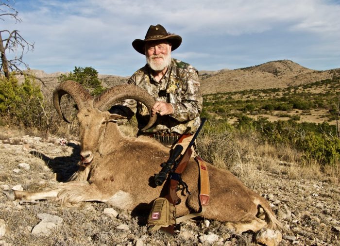 Weishuhn shot this aoudad when he stopped, and was about to put a second shot into him as he ran, but he fell dead before he could...