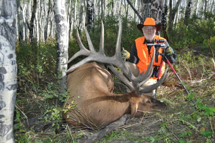 Larry with his best bull elk taken with a .44 Mag, shooting Hornady 240-grain XTP ammo.