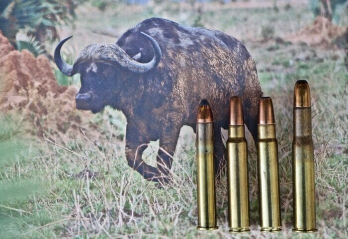 Four of Larry's favorite Big Bore rounds: .405 Winchester, .375 Ruger, .416 Ruger and .450-400 NE 3".