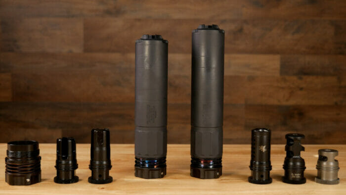 The full lineup of the Griffin Armament Dual-Lok silencers and muzzle devices.