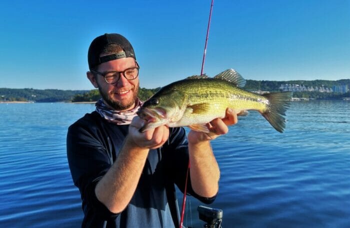 Sizing down tackle and jigging a small soft-vibe lure; this Tablerock Largemouth couldn’t help himself!