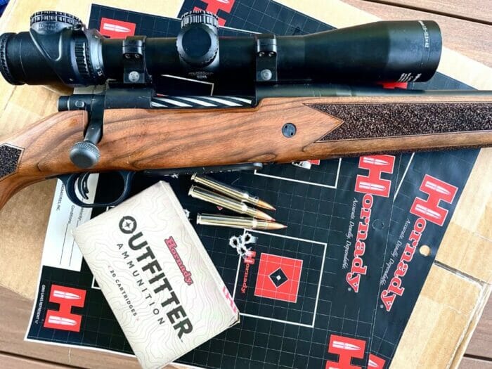 In preparation for a trip to California Larry switched to Hornady's Outfitter ammo for his .30-06 Mossberg Patriot topped with a Trijicon AccuPoint 2.5x12.5x42. Apparently the combination likes that load!