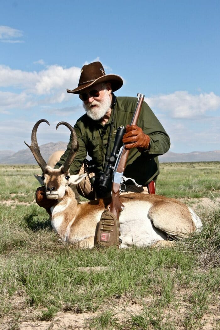 Larry with his best pronghorn taken while hunting with Greg Simons' Wildlife Systems using a Ruger No 1 RSR chambered in .257 Roberts, topped with a Trijicon AccuPoint and shooting Hornady Precision Hunter.