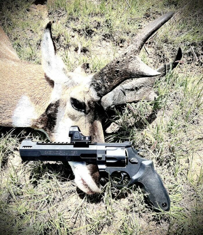 Handguns can be fun firearms to use for pronghorn. This one fell to a .44 Mag Taurus Raging Hunter, topped with a Trijicon SRO red-dot sight shooting Hornady Custom 240-grain XTP.