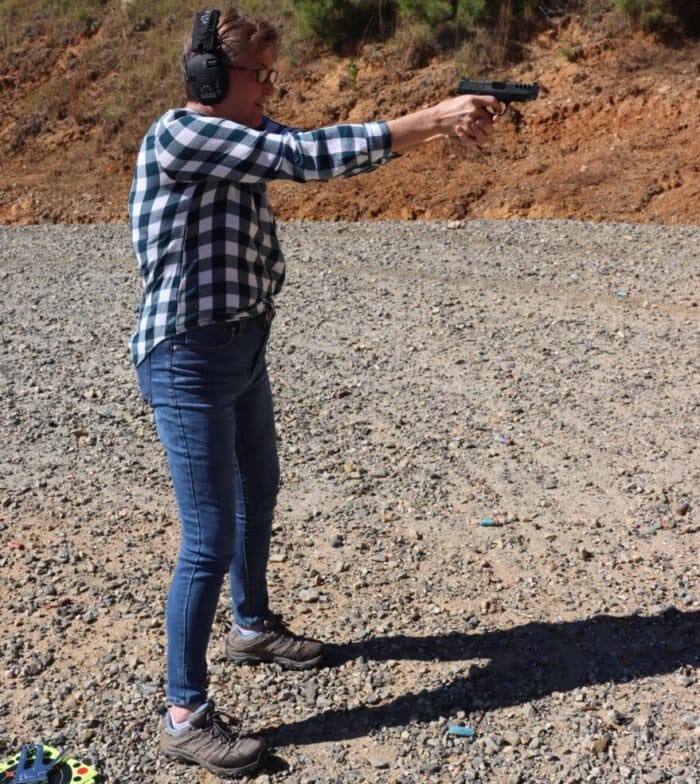 Author's wife, Frances, takes aim with She Devil