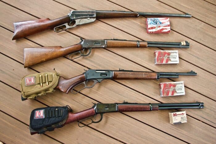 Part of Larry's current stable to lever actions.. from the top, Winchester Model 1895 in .30Govt06, Winchester 1894 in .30 WCF (.30-30 Win), Rossi R95 in .30-30 Win and Rossi R92 in .44 Mag.