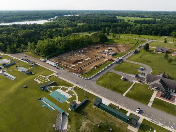 Halter facilities including the 5-stand pavilion (lower right) and one of the eight cottages (upper right)